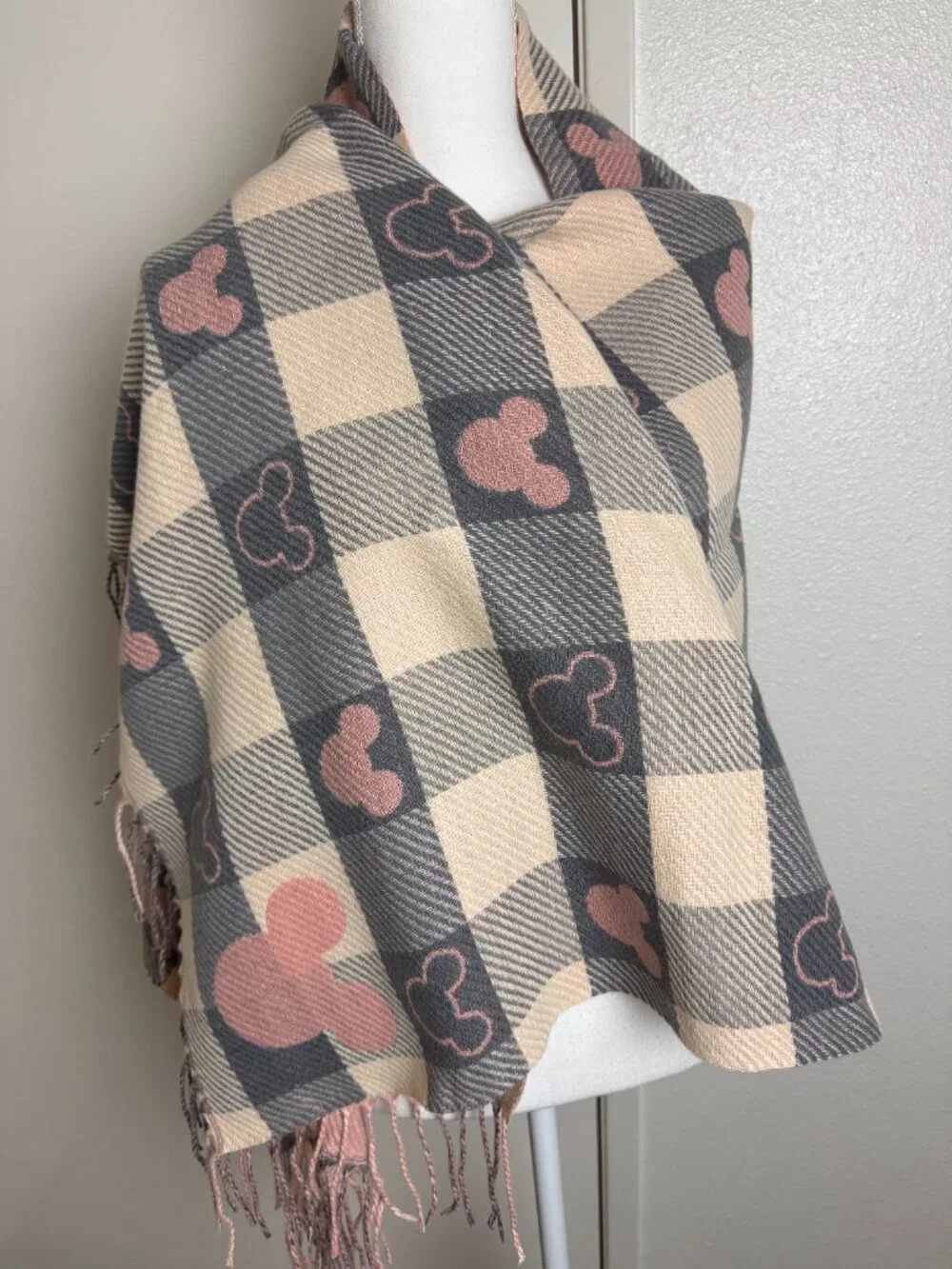 Disney Mickey Mouse Checkered Fringe Scarf Character Motif  Pink & Gray